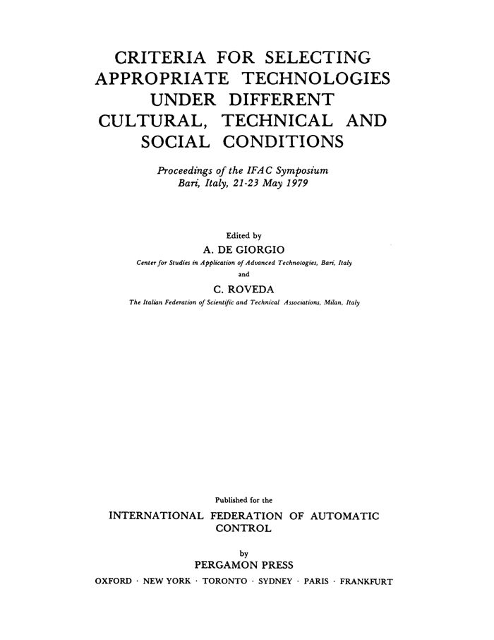 Cover image for Criteria for Selecting Appropriate Technologies under Different Cultural, Technical and Social Conditions
