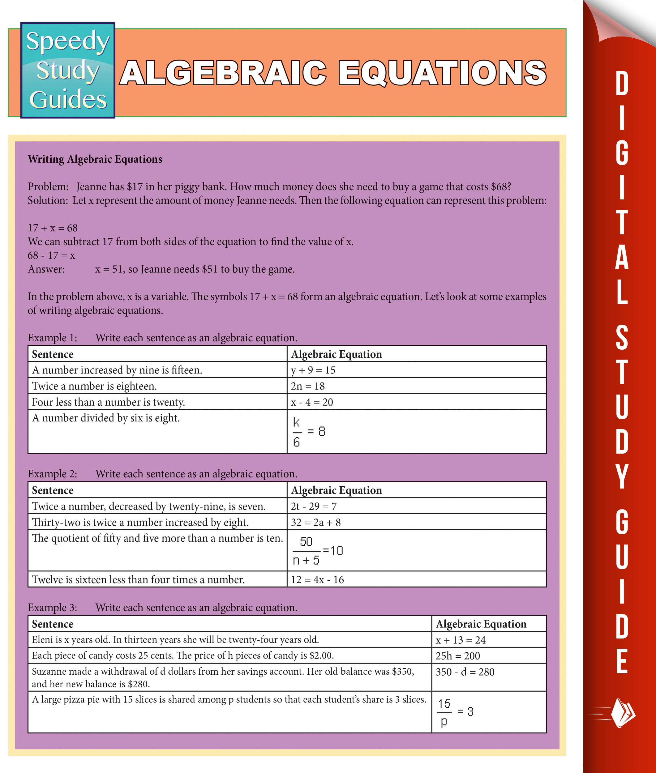 Algebraic Equations (Speedy Study Guides)