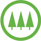 a circle encompassing three stylized pine trees
