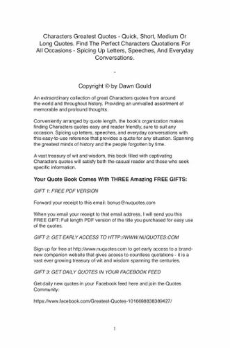 Cover image for Characters Greatest Quotes - Quick, Short, Medium Or Long Quotes. Find The Perfect Characters Quotations For All Occasions - Spicing Up Letters, Speeches, And Everyday Conversations.