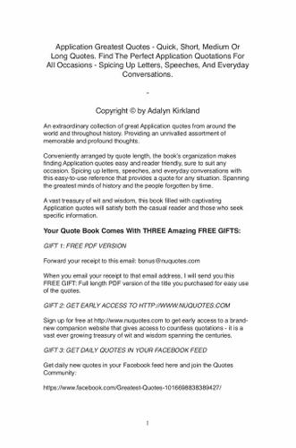 Cover image for Application Greatest Quotes - Quick, Short, Medium Or Long Quotes. Find The Perfect Application Quotations For All Occasions - Spicing Up Letters, Speeches, And Everyday Conversations.